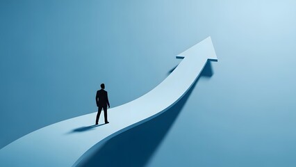 Silhouette of businessman standing on upward trending arrow against blue background