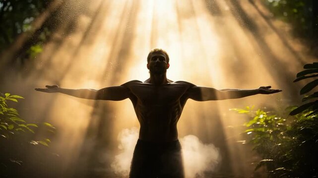 A powerful muscular man stands with arms outstretched in a forest. Bathed in epic golden sunbeams and divine light. Spirituality, strength, and connection with nature concept