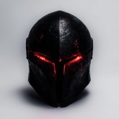 A Striking Black Helmet with Glowing Red Accents: A Fusion of Futuristic Design and Ancient Armor Aesthetics for Creative Projects and Visual Storytelling