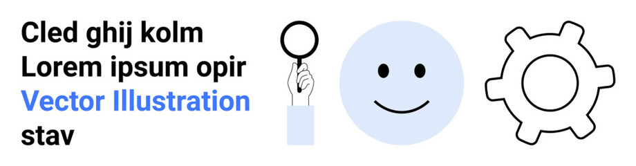 Fototapeta premium Data analysis, visualization, teamwork, technology tools, process optimization, user interface. Magnifying glass, happy face and gear are . Data analysis and teamwork concepts