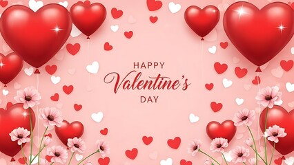 Valentine's day background with heart balloons flowers and confetti on pink