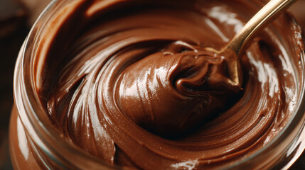 Top-Down Close-Up Shot of Spoon Stirring Thick Chocolate Cream with Glossy Rich Swirls and Warm Tones