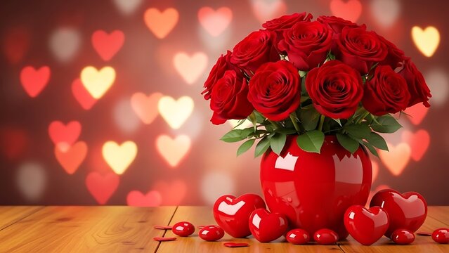 Beautiful bouquet of red roses in vase with hearts on wooden table for valentines day