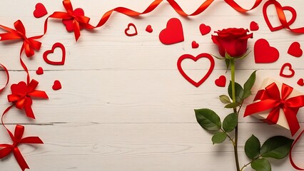 Valentine's day background with red rose hearts ribbons and bows on white wood