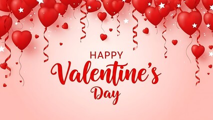 Happy valentines day background with red heart balloons and ribbons on pink