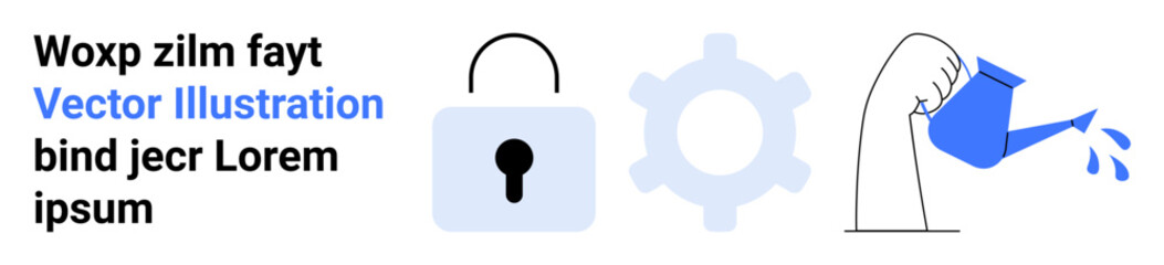 Obraz premium Security, technology tools, growth process, digital locks, sustainability, data protection. Padlock, gear symbol hand watering a plant. Security and technology tools