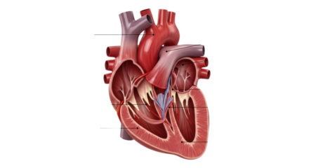 Three-dimensional, clinically accurate sagittal cross-section of a human heart, detailed valves and ventricles in crimson hues, labeled with japanese kanji on white, concept of medical schematic