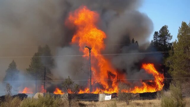 Wildfire Spreads Through Dry Vegetation and Trees.