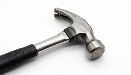 Close up of a claw hammer with a black grip on a white background, isolated product shot