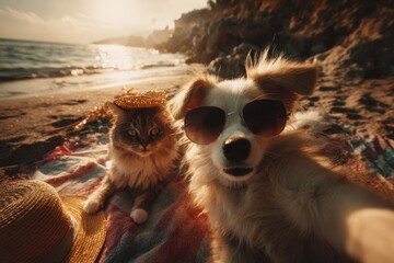 A Joyful Beach Day: Pets Enjoying the Sun and Surf with Sunglasses and Stylish Hats