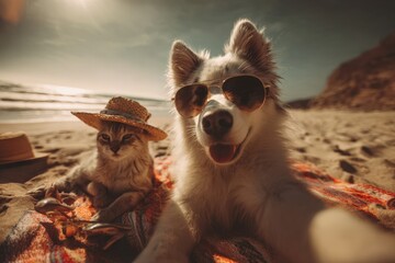 A Fun Day at the Beach: Furry Friends Enjoying Sun, Sand, and Sunglasses Together