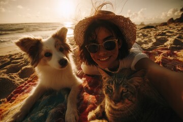 A Joyful Day at the Beach: Embracing Sun, Sand, and Furry Friends in a Perfect Moment of Togetherness