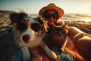 A Joyful Summer Day at the Beach: Embracing Friendship with Pets Under the Golden Sunset