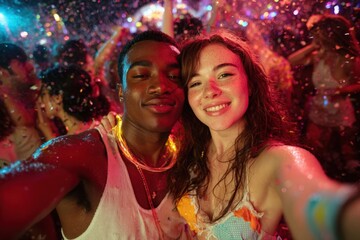 Capturing Joy: A Vibrant Celebration of Youth, Friendship, and Fun at a Colorful Party with Lively Atmosphere and Laughter Under Sparkling Lights and Bubbles