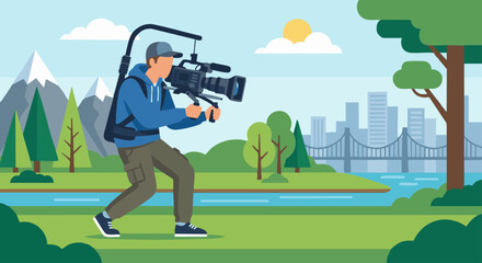  Cameraman Outdoor Shooting A flat vector illustration of a cameraman filming outdoors. Nature or city background with minimal details. Flat vector style, flexible shooting environment. © WealthyMinion
