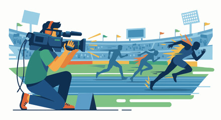 Cameraman Filming Sports Event A flat vector illustration of a cameraman filming a sports event. Athlete silhouettes and stadium elements visible. Flat vector design, energetic action scene. © WealthyMinion