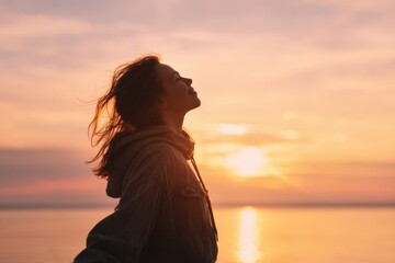 Embracing Serenity: A Silhouette of Contemplation Against a Stunning Sunset Over Tranquil Waters, Invoking Peace and Reflection