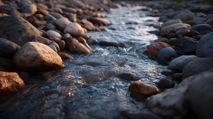 Close up of a clear stream flowing over wet pebbles and rocks at sunrise or sunset with soft golden light reflecting on the water surface