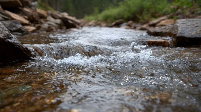 A detailed close up view of a clear fast flowing stream with vibrant ripples and wet rocks set in a serene natural outdoor environment