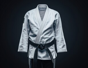 Blank White Brazilian Jiu Jitsu Uniform Gi With Black Belt Mockup Isolated On Dark Studio Background Professional Martial Arts Sportswear For Customization And Branding High