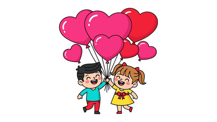 Obraz premium Love's Ascent: A pair of joyful children, their hands intertwined, gleefully lift a bouquet of heart-shaped balloons toward the sky, celebrating love and connection. 