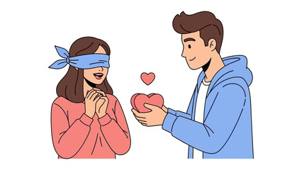 Gift of Love: A heartfelt illustration showcases a tender moment where a person is offering a heart-shaped gift to another, symbolizing love, care, and the element of surprise.