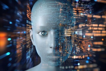 Artificial intelligence robot head with circuitry and data flow, representing AI, machine learning, and future technology. Copy space
