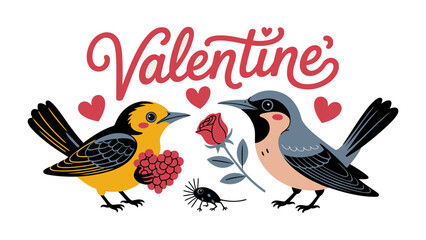 Obraz premium Valentine Birds : Two cute birds are in love, sharing the love and a special rose, as hearts float in a warm embrace, creating a picture perfect Valentine's scene. 