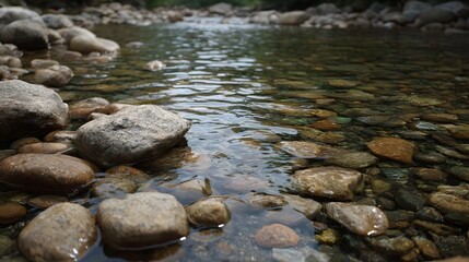 Naklejka premium Clear shallow stream with smooth pebbles visible under rippling water a serene natural environment