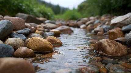 A close up view of a clear stream flowing over smooth pebbles with lush green vegetation in the background