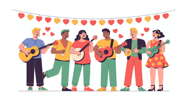 Melodious Harmony: A vibrant ensemble of musicians shares an intimate moment. Each musician, lost in the music, contributing to a harmonious melody. The image portrays unity, joy.