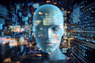AI human head visualizing complex data networks and digital information, symbolizing artificial intelligence, machine learning, and technology concepts