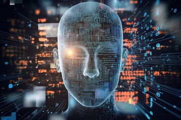 Humanoid artificial intelligence face with glowing eye, digital circuit patterns, and abstract data streams on a dark background