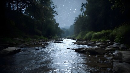 A tranquil river flows through a dark forest under a starry night sky with mist and subtle glints on the water