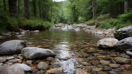 A clear shallow forest stream flows gently over colorful pebbles surrounded by lush greenery