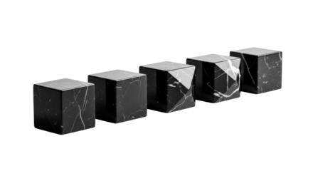 Six perfectly uniform, mirror-reflective black marquina marble cubes in a horizontal line on a transparent surface, captured with specialized soft studio lighting, high-end product design concept