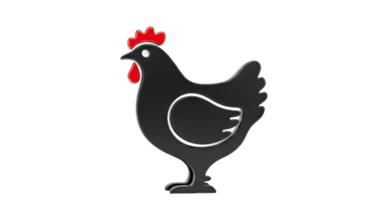 3D Black Hen Icon with Red Comb and Wattle