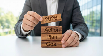 2026 business goal wood blocks, Corporate plan action strategy, Success vision 2026 planning, Management objective wooden stack