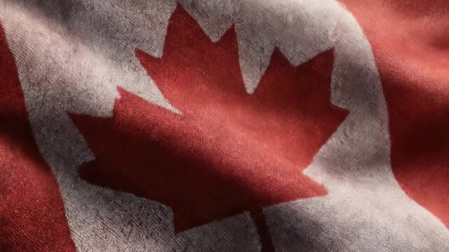 A detailed close-up shot captures a national flag gently waving and rippling in a soft breeze, revealing the intricate texture of its fabric. The iconic design features a prominent stylized red leaf c