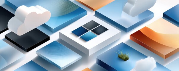 Isometric illustration of a cloud server and data elements in a blue tech scene