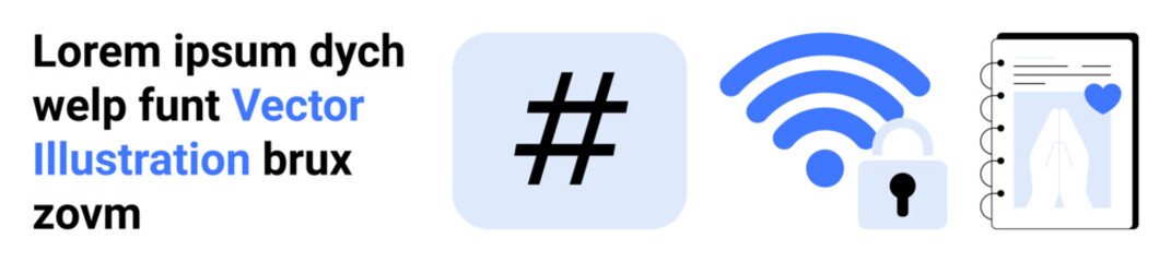 Fototapeta premium metadata tag icon, wireless signal with padlock, and notebook with a heart shape, symbolizing online trends, connectivity, digital security, technology. Ideal for social media, communication