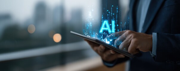 Professional businessman using a tablet with AI icon and digital data visualization for future business insights