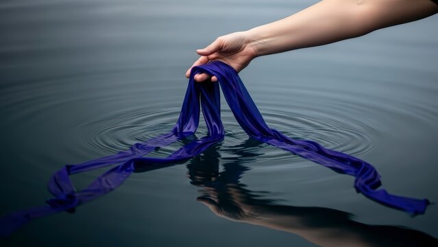 Hand Holding Blue Fabric Over Water.