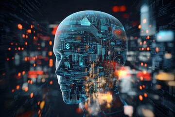 Human head with circuit board patterns illustrating artificial intelligence, digital data, and technology concepts. Copy space available