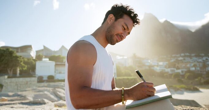 Man, outdoor and writing with journal for goal setting, personal development plan and self awareness. Daily reflection, notes and person with diary for mindfulness activity, inspiration and insight.