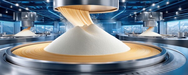 Industrial flour processing scene with a giant mixer pouring flour and a towering mound in a high-tech factory