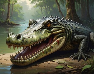 Fototapeta premium Green alligator lying on muddy bank with open mouth, against a jungle background
