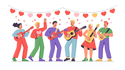 Fototapeta premium Melody of Hearts: A vibrant ensemble of musicians strum their guitars under a garland of hearts, capturing a moment of joyous performance and harmonious collaboration.
