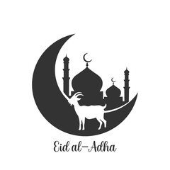 Eid al-Adha Celebration with Mosque, Goat, and Crescent Moon Silhouette