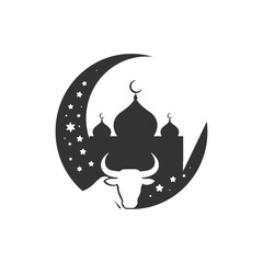 Eid al Adha Islamic Festival Symbol with Mosque Crescent Moon and Cow Silhouette